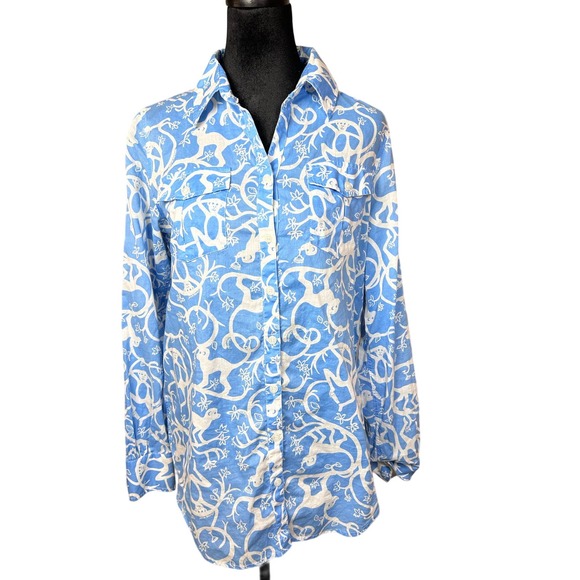 Lilly Pulitzer Tops - Lilly Pulitzer Shake It Up Monkey Resort Fit Button-Up Blouse Blue White Size S